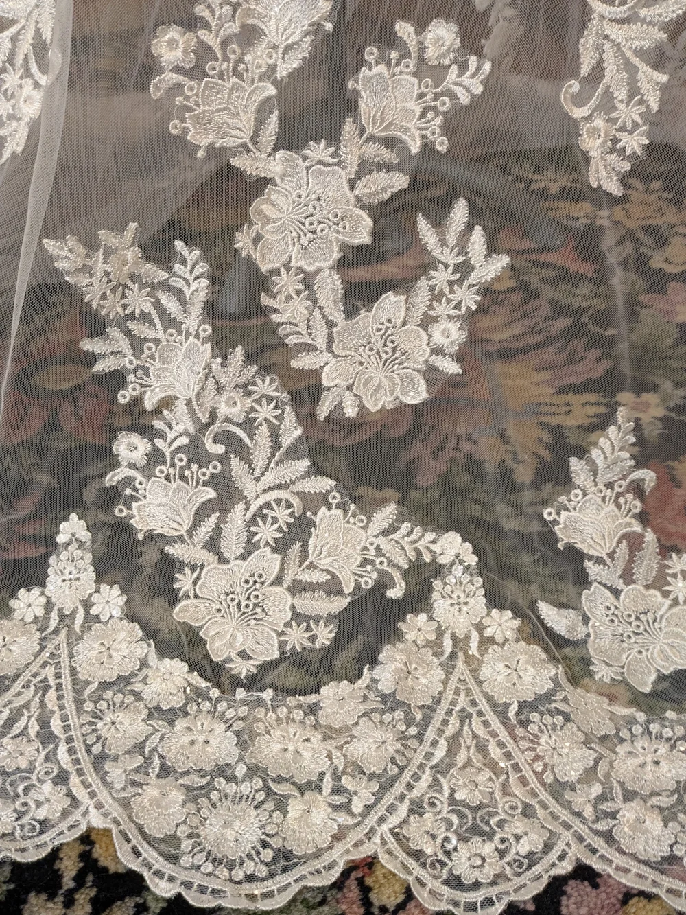 Ivory Beaded Bodice Bridal Overlay with Train and Floral Appliqué - Picture 7 of 12